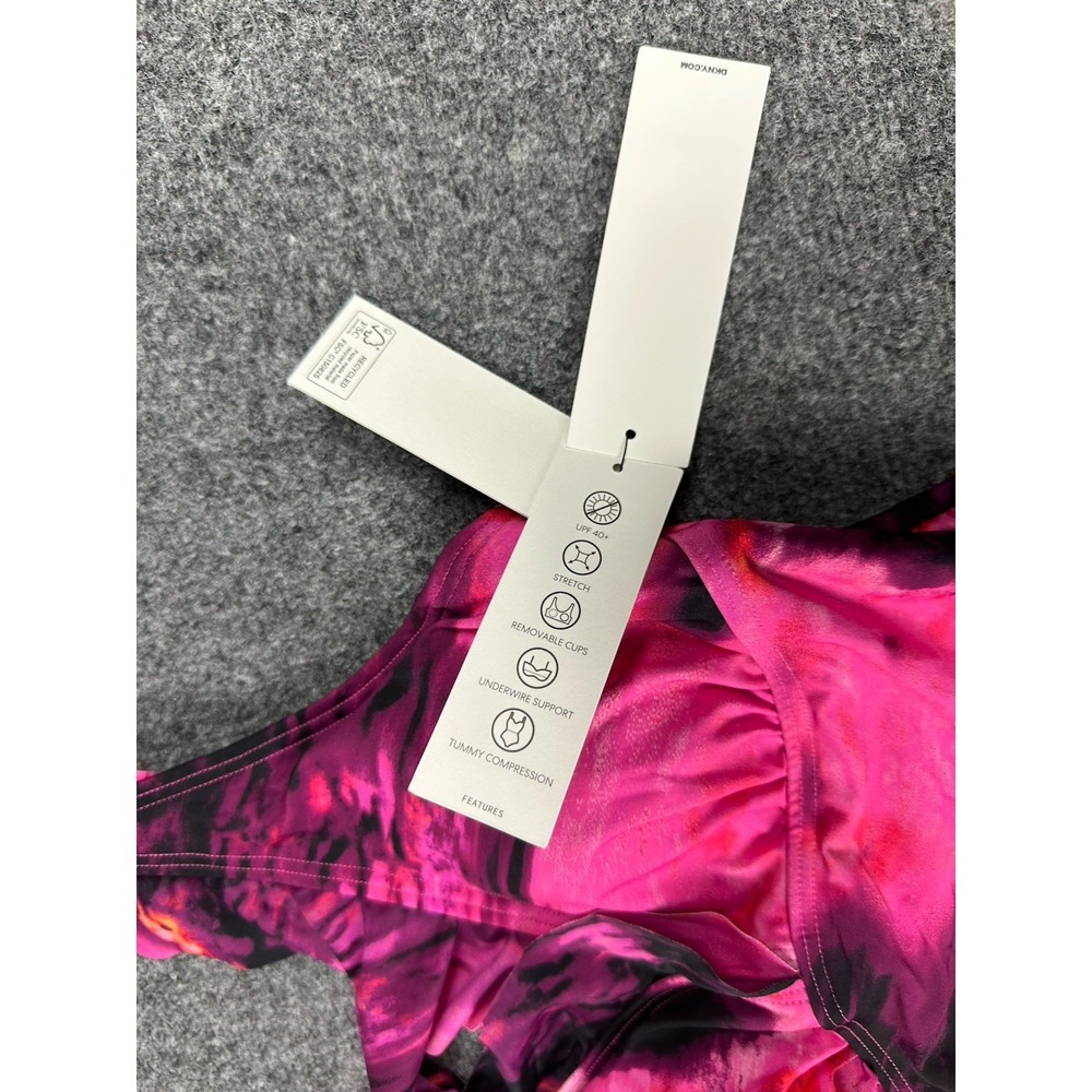 DKNY Women's One-Piece Ruched Ruffle Trim Swimsuit Pink/Red Splash Sz S DIMMS691 - Picture 3 of 9